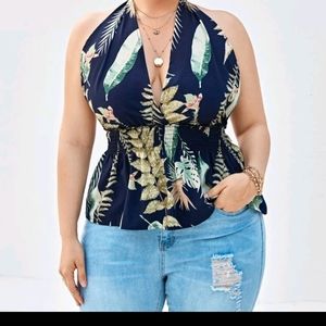 SHEIN PLUS SIZE BLUE HALTER FLORAL TOP. SIZE 3x. NEVER WORN
